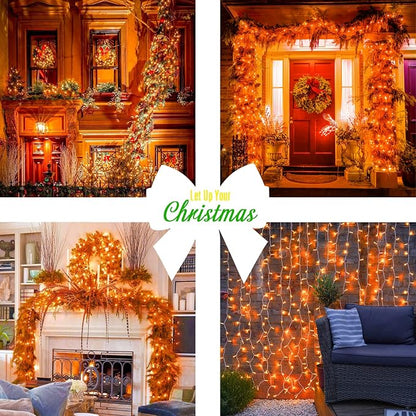 JMEXSUSS 33ft 100 LED Orange Christmas Lights, Battery Operated Christmas Lights, Orange String Lights with Remote Indoor Outdoor Waterproof for Fall Xmas Decorations (Pack of 2)