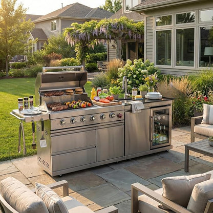 Outdoor BBQ Island, BBQ Island Outdoor Kitchen, 46" 4-Burner 72,000 BTU Outdoor Kitchen Island with Grill, Grill Tools, Grill Cover. Sink, Fridge, Rotisserie, Locking Casters, Propane/NG