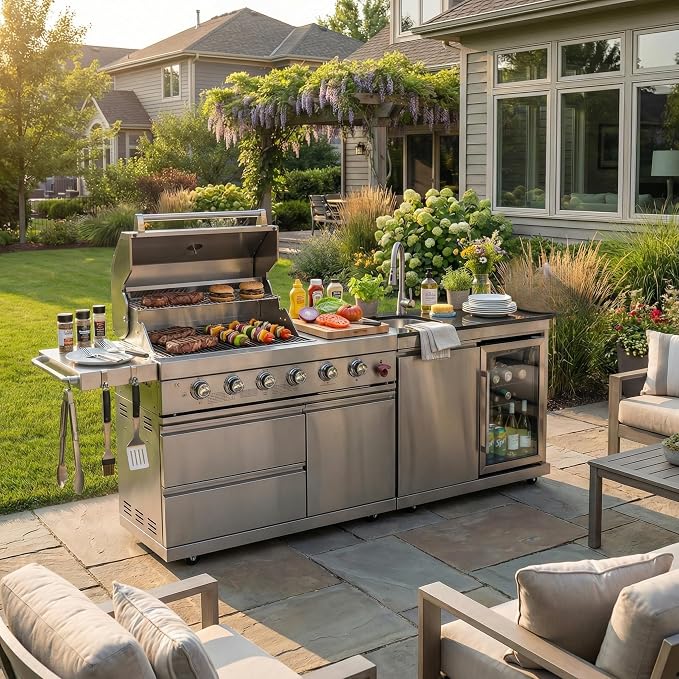 84" Stainless Steel Outdoor Kitchen BBQ Island Grill with LPG Silver | 6-Burner 75300 BTU Propane Gas BBQ Grill with Sink, Wine Cooler, Refrigerator, Granite Countertops & Rotisserie Kit