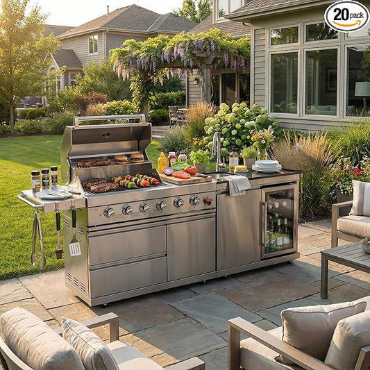 Outdoor Grills & Smokers, Portable Camping Charcoal Grill Cooking Barbecue, 6-Burner 75300 BTU, SS304 with Sink, Wine Cooler, Refrigerator, Granite Countertops & Rotisserie Kit,A5