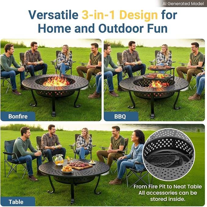 3 in 1 43" Large Fire Pit for Outside Wood Burning with 2 Adjustable Grills | Outdoor Fireplace with Lid and Fire Poker, Firepit with BBQ & Bonfire & Round Metal Table for Patio, Backyard, Deck, Yard
