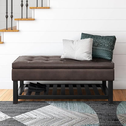 SIMPLIHOME Cosmopolitan Storage Ottoman Bench - 44 inch Wide Upholstered Vegan Leather Rectangle Storage Ottoman in Distressed Brown, Transitional Bench for Bedroom with Tufted Lift-Top and Open Shelf