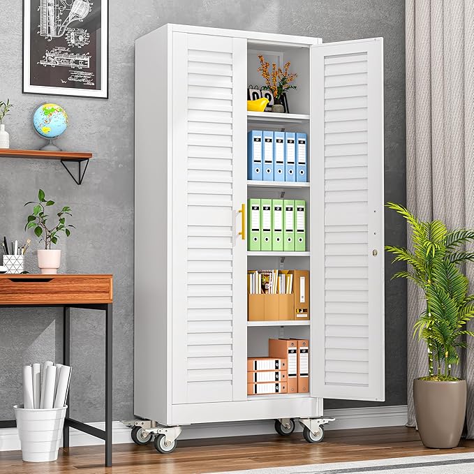 winiowa 71" Tall Metal Garage Storage Cabinet with Wheels, Steel Locking Rolling Tool Cabinet with 4 Adjustable Shelves for Garage,Home,Office (White)