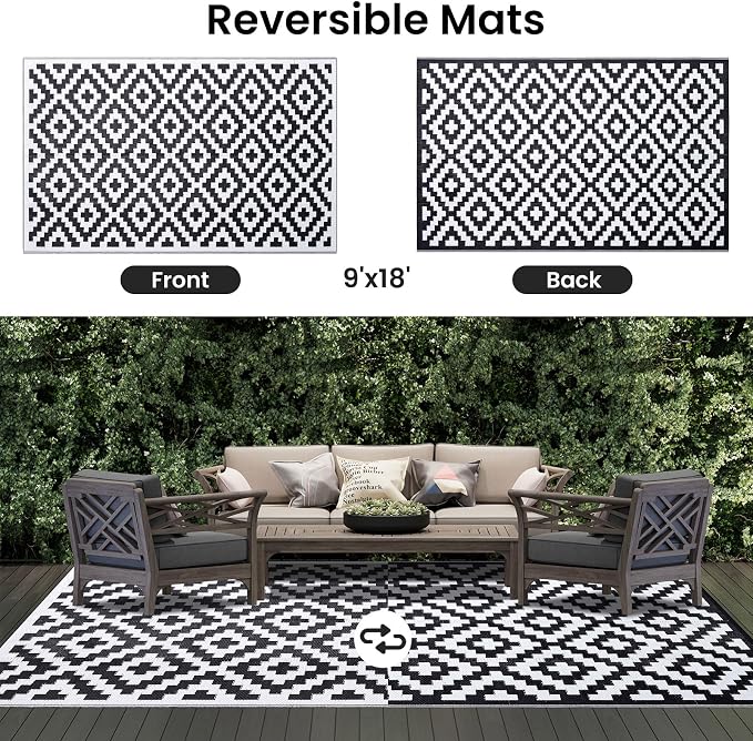 Smiry Outdoor Rug 9x18 ft Waterproof Reversible Boho Mat, Black & White | Polypropylene Plastic Straw, Quick Drying, Lightweight Foldable, for Patio, Deck, RV Camping, Backyard and Indoor Outdoor Use