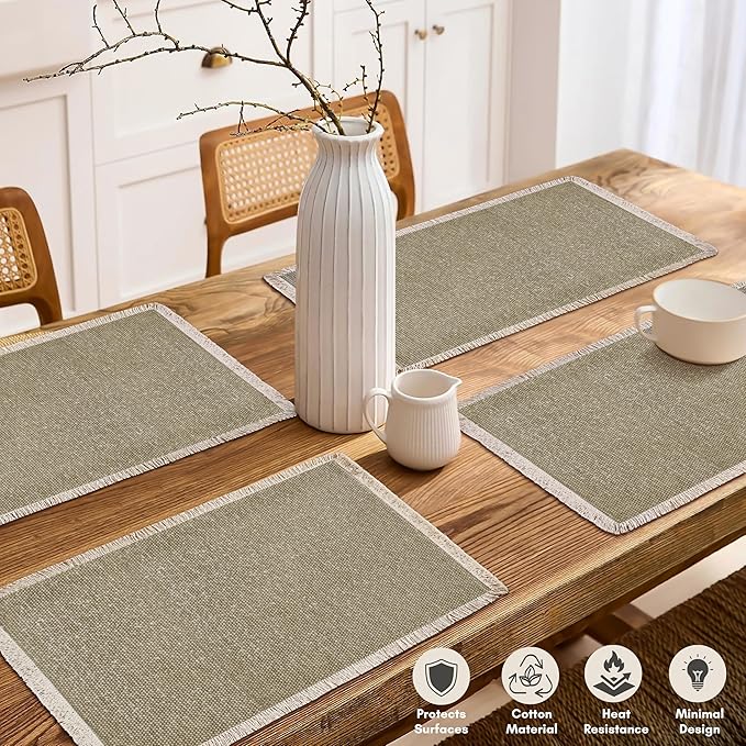 Hausattire Cotton Frayed Placemats Set of 4 Dining Table 13x19 Inch | Rustic Farmhouse Boho Washable Easter Placemat for Outdoor Parties BBQ's Wedding, Special Occasions, Nubby Cotton - Taupe