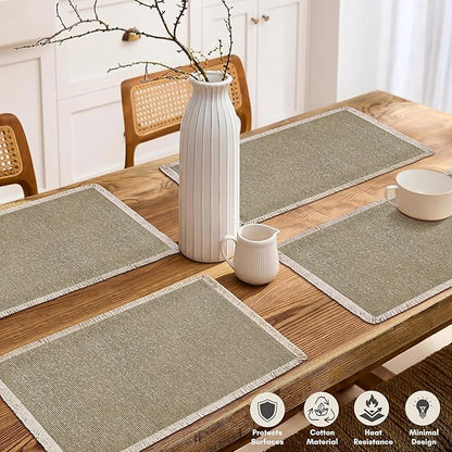 Hausattire Cotton Frayed Placemats Set of 4 Dining Table 13x19 Inch | Rustic Farmhouse Boho Washable Easter Placemat for Outdoor Parties BBQ's Wedding, Special Occasions, Nubby Cotton - Taupe