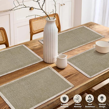 Hausattire Cotton Frayed Placemats Set of 6 Dining Table 13x19 Inch | Farmhouse Boho Washable Easter Placemat for Outdoor Parties BBQ's Holiday, Special Occasions, Nubby Cotton - Taupe