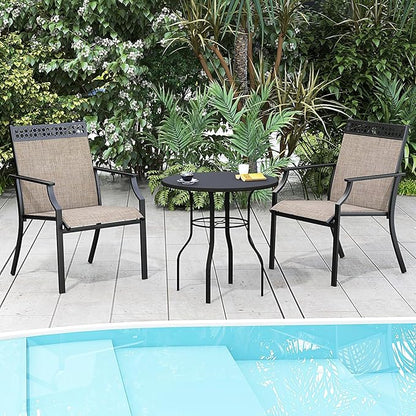 Giantex Patio Chairs Set of 2, Outdoor Chairs with All Weather Fabric, High Backrest, Armrests, Heavy Duty Metal Armchair, Outside Dining Chairs for Porch Lawn Garden Yard Pool (Light Brown & Black)