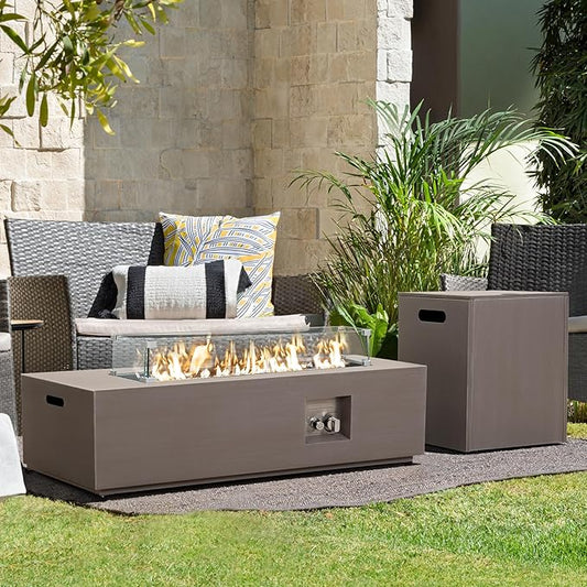 Werph 42’’ Propane Fire Pit Table Set with Tank Holder, CSA Certifed 50,000 BTU Outdoor Firepit Table, Wind Guard & Glass Stones, Smoke-Free Rectangular Fire Table for Garden Porch Backyard