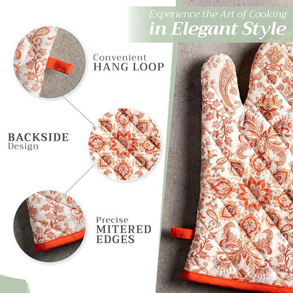Maison d' Hermine 100% Cotton Oven Mitt & Pot Holder Set (7.5"x13" & 8"x8") Heat Resistant BBQ Cooking Gloves with Loop for Thanksgiving Christmas Decorations Handling Hot Pans (Cachemire)