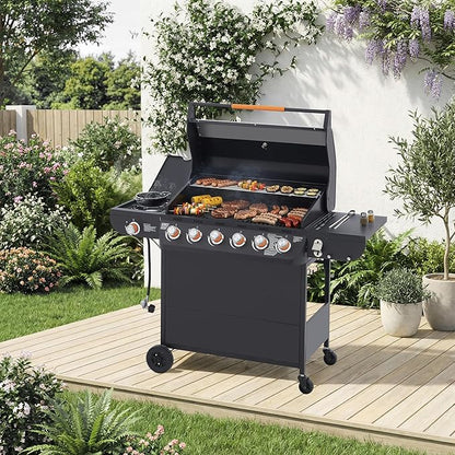 Outdoor Gas Grill with 6 Burners & Side Burner 59000 BTU Stainless Steel BBQ Grill Enamel-Coated Grates Side Tables for Backyard Patio Cooking Charcoal Grills & Smokers,A2