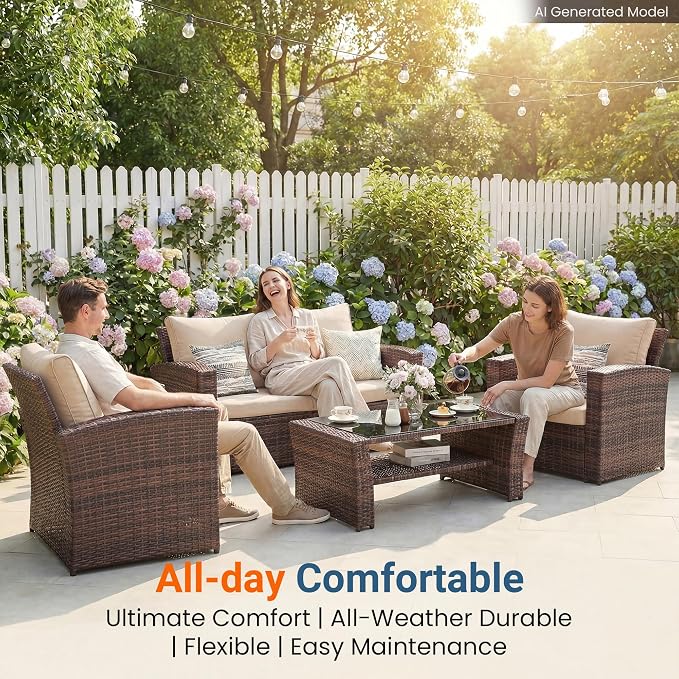 Wisteria Lane 4 Piece Patio Furniture Set, Wicker Outdoor Patio Conversation Furniture Set, All Weather Outdoor Patio Sofa with Cushion and Wood Table, Brown and Beige