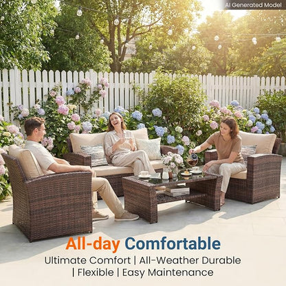 Wisteria Lane Patio Furniture Set, Wicker Outside Outdoor Furniture for All Weather, Patio Sofa with High Backrest Support and Wide Armrest for Backyard, Balcony, Deck, Porch, Brown