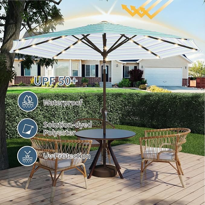 9FT Patio Umbrella with Solar Lights,Outdoor Market Umbrella with Tilt and Crank, LED Lighted Table Umbrella for Garden,Deck,Backyard,Pool,Beach (Blue Green Stripes)