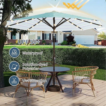 9FT Patio Umbrella with Solar Lights,Outdoor Market Umbrella with Tilt and Crank, LED Lighted Table Umbrella for Garden,Deck,Backyard,Pool,Beach (Blue Green Stripes)