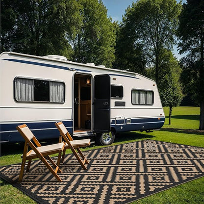 GENIMO Outdoor Rug, Waterproof Plastic Rugs 9'x18' for Camping Black Brown | Outside Larger Modern Carpet Mat for Patio Decor, RV, Porch, Camper, Deck, Picnic, Beach, Backyard, Reversible, Foldable