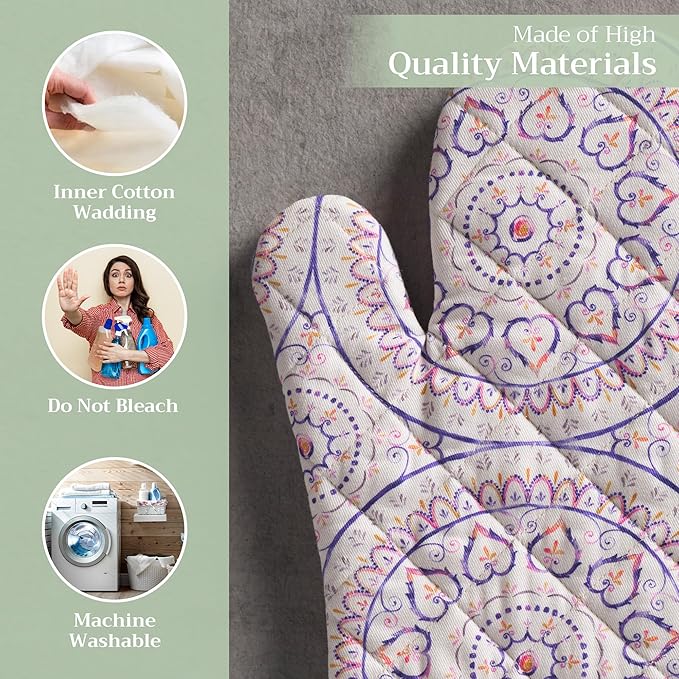 Maison d'Hermine Oven Gloves 100% Cotton Oven Mitt 7" x 13" with Loop Heat Resistant BBQ Cooking Gloves Baking Grilling Kitchen Hotel Home Farmhouse Spring Summer (Pack of 1, Mandala)