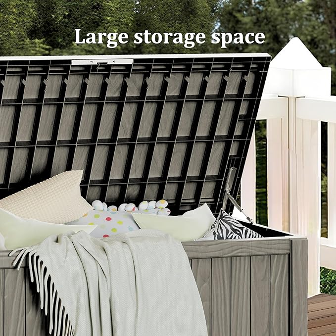 150 Gallon Deck Box Organizer, Doubles as 2-Person Bench Seat, Gray Large Resin Outdoor Storage and Seating with Lockable Lid for Garden, Pool, and Patio