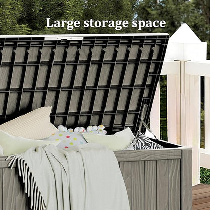 150 Gallon Deck Box Organizer, Doubles as 2-Person Bench Seat, Gray Large Resin Outdoor Storage and Seating with Lockable Lid for Garden, Pool, and Patio