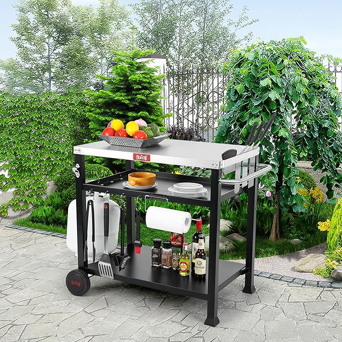 Feasto 3-Shelf Pizza Oven Table 33.5" x 21.7" Stainless Top, Rolling Outdoor Grill Cart with Waterproof Cover for Pizza Ovens & Griddles, Heavy-Duty BBQ Prep Station for Patio & Deck, Black