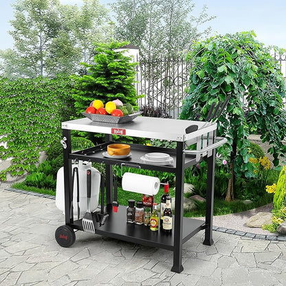 Feasto 3-Shelf Pizza Oven Table 33.5" x 21.7" Stainless Top, Rolling Outdoor Grill Cart with Waterproof Cover for Pizza Ovens & Griddles, Heavy-Duty BBQ Prep Station for Patio & Deck, Black