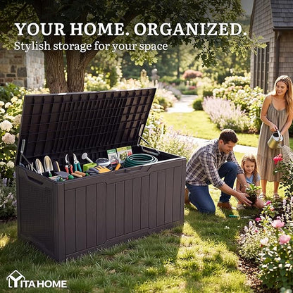 YITAHOME 100 Gallon Large Outdoor Deck Box, Waterproof Resin Storage Box, Lockable Indoor Outdoor Storage Container for Patio Furniture Cushions, Pool Accessories, Garden Tools, Dark Brown