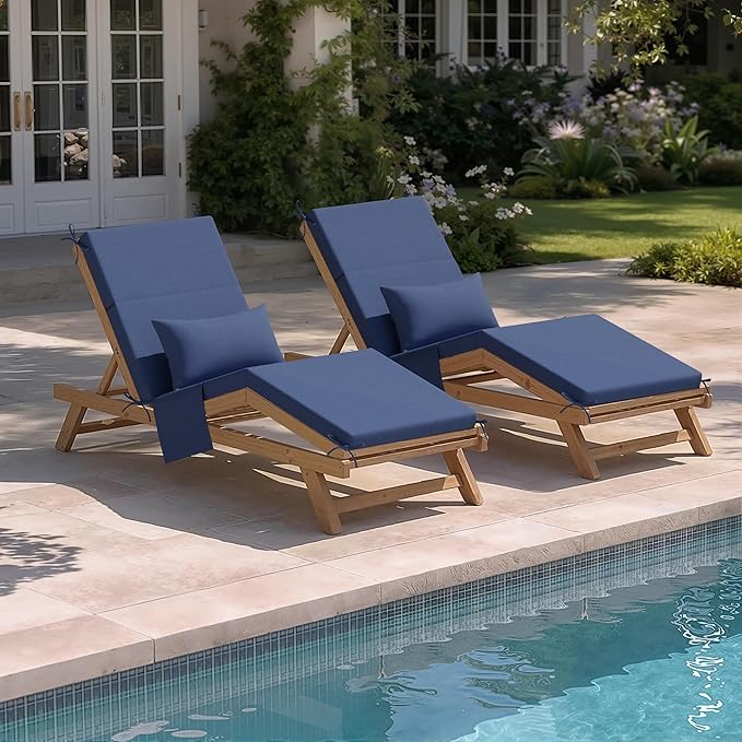Crestlive Products Foldable Outdoor Chaise Lounge Cushions with Head Pillow and Side Pockets, Water Resistant& Fade Resistant Lounge Chair Cushion, 72''L x 21''W, Set of 2, Sky Blue