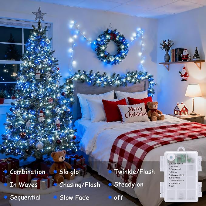 JMEXSUSS 2 Pack Blue and White Battery String Lights, Each 33ft 100 LED | Battery Powered Christmas Lights with Remote for Outside Party Birthday