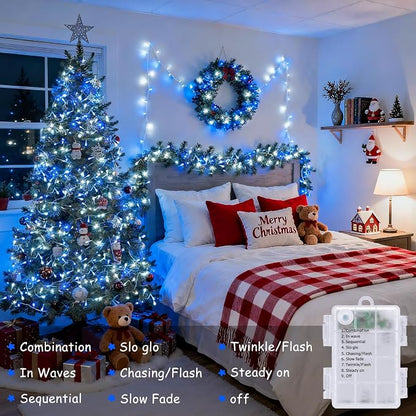 JMEXSUSS 2 Pack Blue and White Battery String Lights, Each 33ft 100 LED | Battery Powered Christmas Lights with Remote for Outside Party Birthday