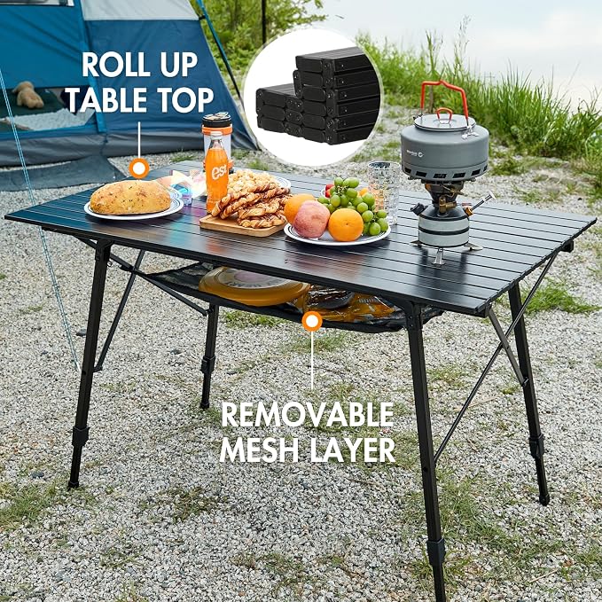 Portal Camping Table Portable Foldable with Adjustable Legs, Aluminum Folding Table Roll Up Table with Carrying Bag for Outdoor, Beach, Picnic, Backyards, BBQ and Party, Black, Big