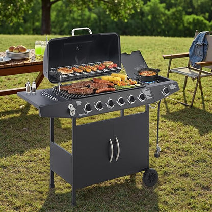 Outdoor Gas Grill with 6 Burners & Side Burner 59000 BTU Stainless Steel BBQ Grill Enamel-Coated Grates Side Tables for Backyard Patio Cooking Charcoal Grills & Smokers,A3