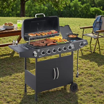 53" Stainless Steel Outdoor Kitchen BBQ Island Grill with LPG Black | 6 Burner 59000 BTU Enamel-Coated Grates and Side Tables for Outdoor Cooking Kitchen and Patio Backyard