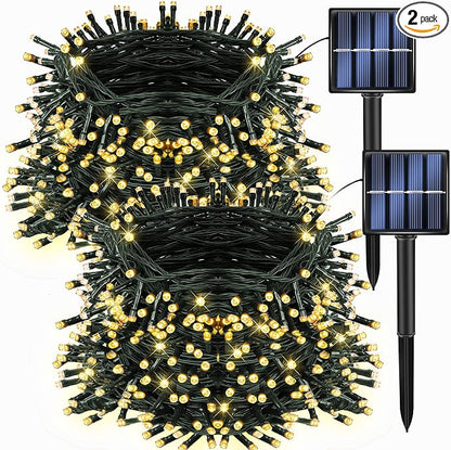 Dazzle Bright 2 Pack Total 400LED 132FT Warm White Christmas Solar String Outdoor Lights, Solar Powered with 8 Modes Waterproof Fairy Lights for Bedroom Patio Garden Tree Party Yard Decoration