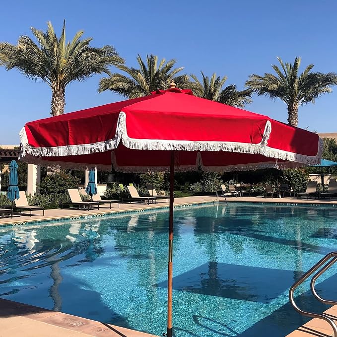FORMOSA 9ft 6 Rib Market Premium Patio Umbrella Replacement Canopy - 300D UV Protective and Water Resistant Patio Canopy - Umbrella Replacement Cover (CANOPY ONLY) (Red Fringe)