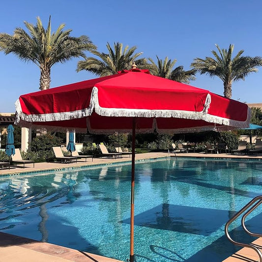FORMOSA 9ft 6 Rib Market Premium Patio Umbrella Replacement Canopy - 300D UV Protective and Water Resistant Patio Canopy - Umbrella Replacement Cover (CANOPY ONLY) (Red Fringe)