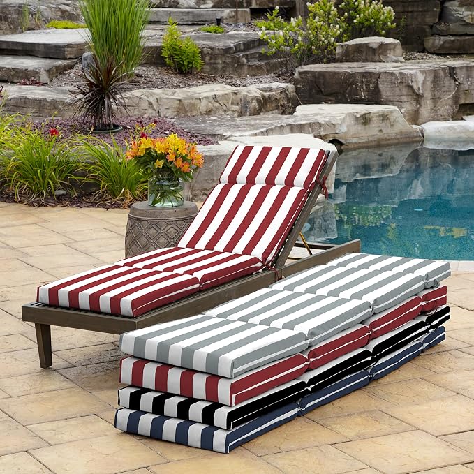 Arden Outdoor Chaise Cushion, 21 in x 72 in, Weather-Proof, Rain-Proof, Fade Resistant Patio Cushion for Chaise Lounger Ruby Red Cabana Stripe | Lounge Cushion, Weather-Proof, Rain-Proof, Fade Resistant for Chaise Lounger, Mold and Mildew Resistant