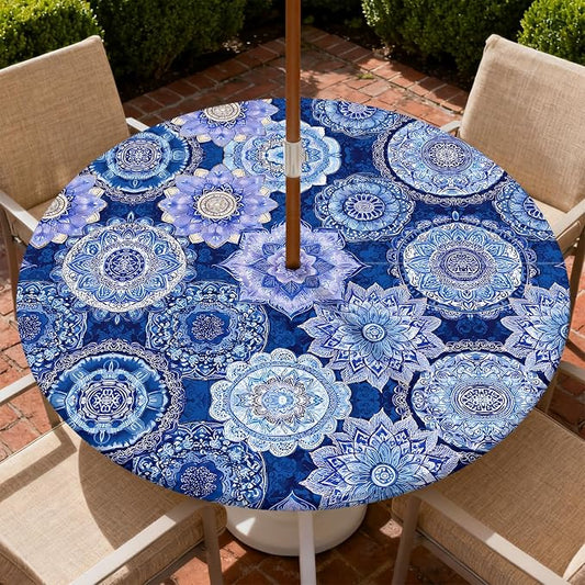 Outdoor Tablecloth with Umbrella Hole and Zipper Fits 37-44" Tables | Waterproof Round Fitted Tablecloth with Elastic Edge, Wipeable Outdoor Table Cover for Patio, Garden, Picnic