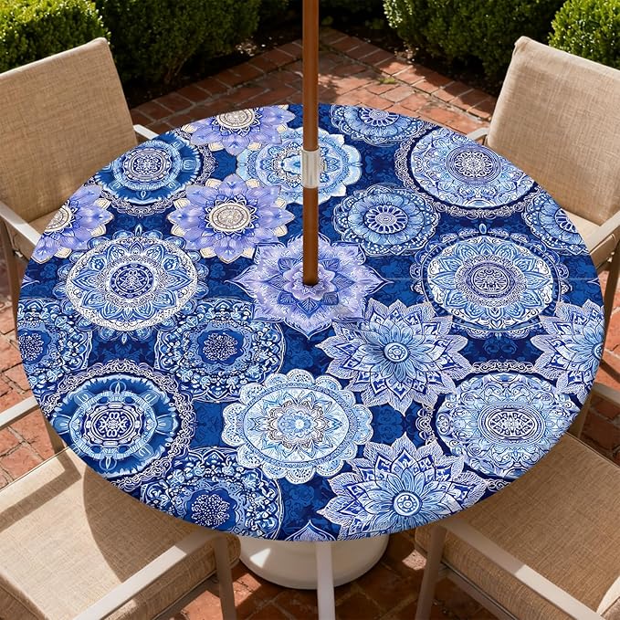 Outdoor Tablecloth with Umbrella Hole and Zipper Fits 49-52" Tables | Waterproof Round Fitted Tablecloth with Elastic Edge, Wipeable Outdoor Table Cover for Patio, Garden, Picnic