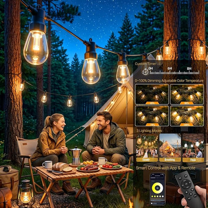 Outdoor String Lights 50FT,Warm & Cool White Patio Lights,Waterproof | 20 LED S14 Plastic Bulbs, 2700K-7000K Tunable White, APP & Remote, Dimmable, IP67 Waterproof, Shatterproof, 24V Low Voltage