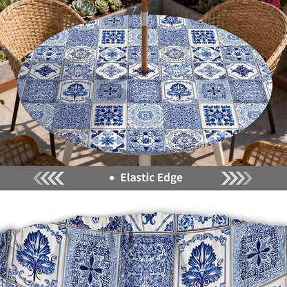 Outdoor Tablecloth with Umbrella Hole and Zipper Fits 45-48" Tables | Waterproof Round Fitted Tablecloth with Elastic Edge, Wipeable Outdoor Table Cover for Patio, Garden, Picnic
