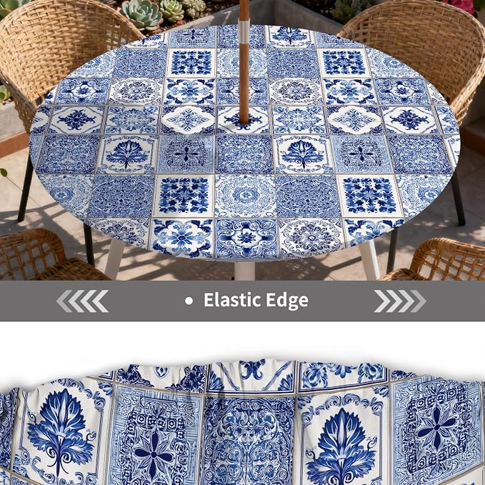 Outdoor Tablecloth with Umbrella Hole and Zipper Fits 49-52" Tables | Waterproof Round Fitted Tablecloth with Elastic Edge, Wipeable Outdoor Table Cover for Patio, Garden, Picnic