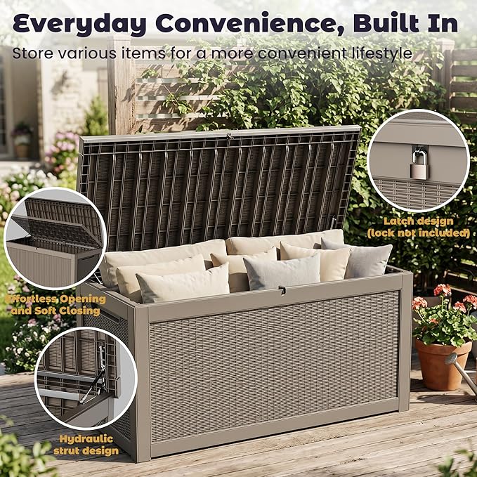 PatioZen 320 Gallon Deck Box, Outdoor Storage Box, Outdoor Storage Box for Cushions, Garden Tools, Furniture Storage,Waterproof, Lockable and Resin,Grey
