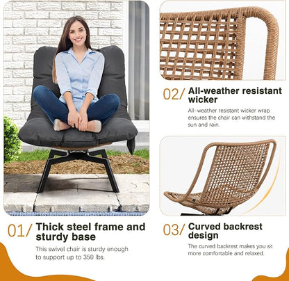 Shintenchi Outdoor Wicker Swivel Chair,Nature Rattan Patio Rotating Chair with Cushion,360° Rotation Patio Lounge Chairs for Living Room Bedroom Backyard Balcony(Grey Cushion)