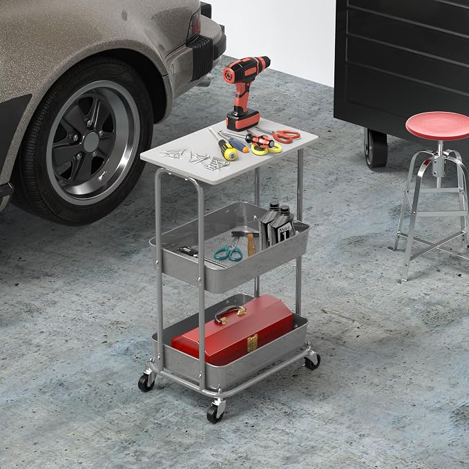 Simple Houseware 2-Tier Rolling Utility Cart Wood Top/Lockable Wheel, White | Metal Storage Organizer Trolley for Kitchen, Bathroom, Office, Craft Room