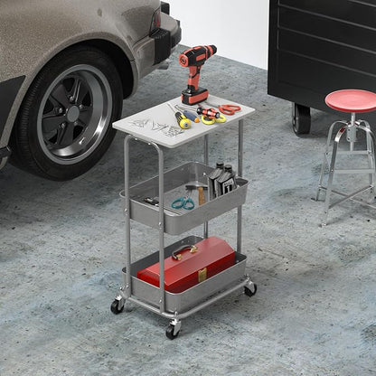 Simple Houseware 2-Tier Rolling Utility Cart Wood Top/Lockable Wheel, White | Metal Storage Organizer Trolley for Kitchen, Bathroom, Office, Craft Room