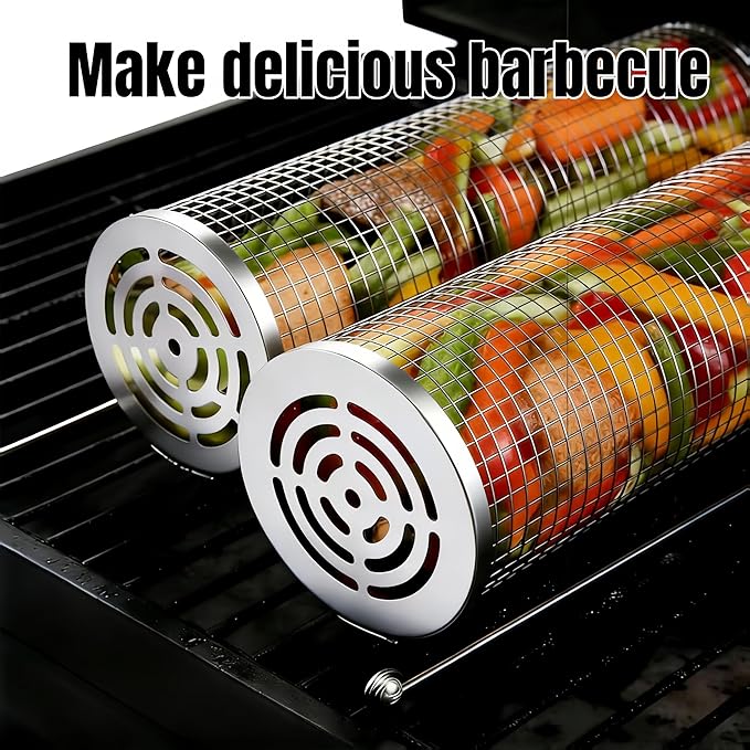304 Stainless Steel Rotating Grill Basket Set (2 Sizes) - Food-Grade BBQ Grill Basket for Vegetables/Shrimp + Grilling Net & BBQ Accessories (1 Fork, 2 Hooks, 2 Tongs)