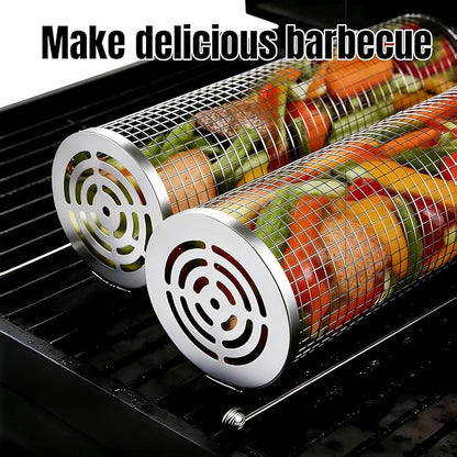 304 Stainless Steel Rotating Grill Basket Set (2 Sizes) - Food-Grade BBQ Grill Basket for Vegetables/Shrimp + Grilling Net & BBQ Accessories (1 Fork, 2 Hooks, 2 Tongs)