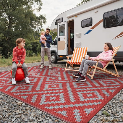 GENIMO Outdoor Rug, Waterproof Plastic Rugs for Patio, 6'x9' Red Grey | Outside Larger Modern Carpet Mat for Porch Decor, Deck, Balcony, Camping, RV, Backyard, Picnic, Beach, Reversible, Foldable