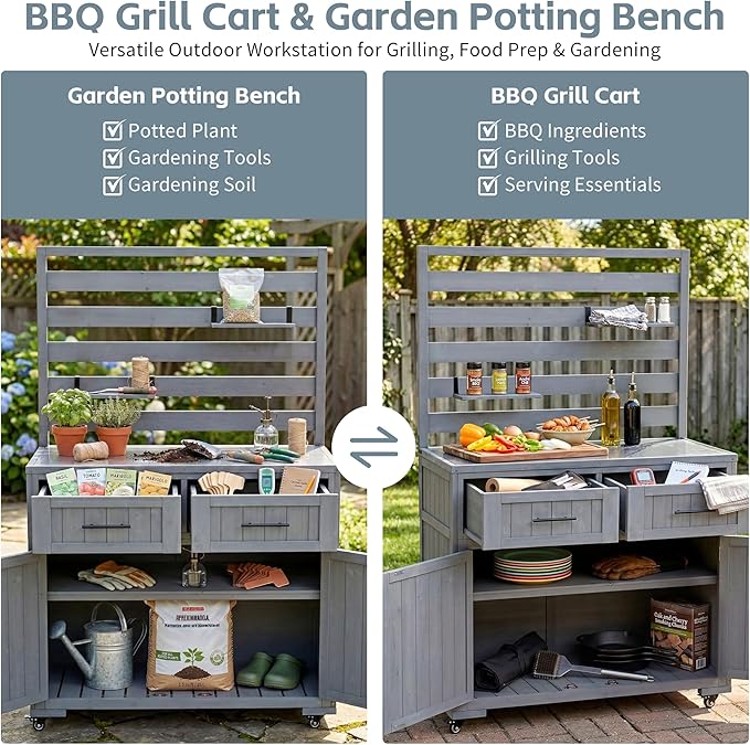 65 Inch Patio Kitchen Island with Stainless Steel Top, Gray | Gray fir wood, stainless steel top, garden or patio, 2 drawers, 3 movable shelves, cabinet, lockable wheels, 41.7 in L