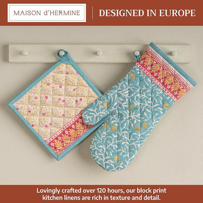 Maison d' Hermine 100% Cotton Oven Mitt & Pot Holder Set (7.5"x13" & 8"x8") | Heat Resistant BBQ Cooking Gloves with Loop Baking Grilling Kitchen Hotel Home Farmhouse Thanksgiving Christmas - Carpo